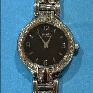 Women’s Citizen Eco-Drive Black and Silver Watch with Crystal Details